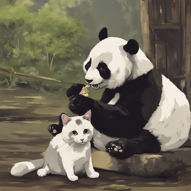 Panda eating with cat fantasy image ai generated art