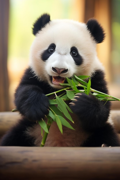 panda eats bamboo leaves during the daynature