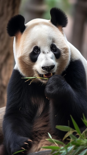 A panda eats grass in a zoo.