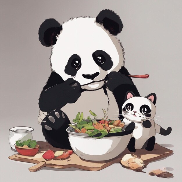 Panda eet met kat fantasie beeld ai gegenereerde kunst