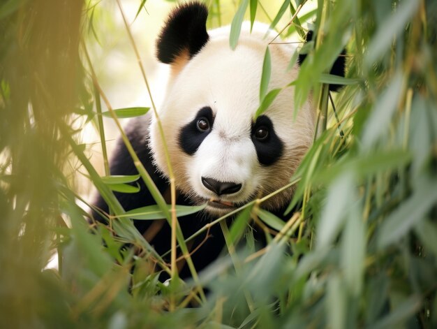 Photo panda emerging from dense bamboo thicket