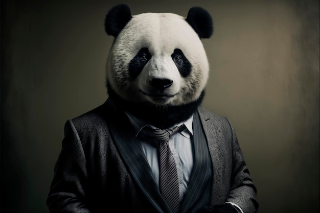 Panda Executive Een boeiend portret van een bedrijfGeklede panda in een stijlvolle donkere omgeving Generatieve AI