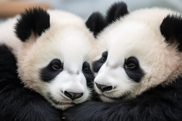 Foto famiglia di panda abbracciata in un'accogliente tana
