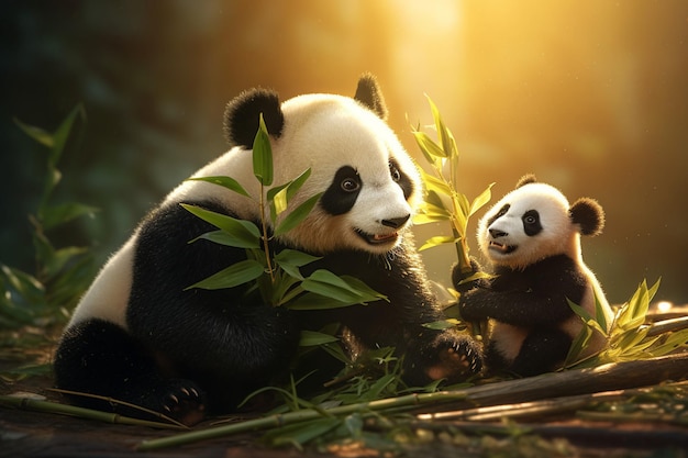 Panda family having a bamboo leaf hatmaking workshop