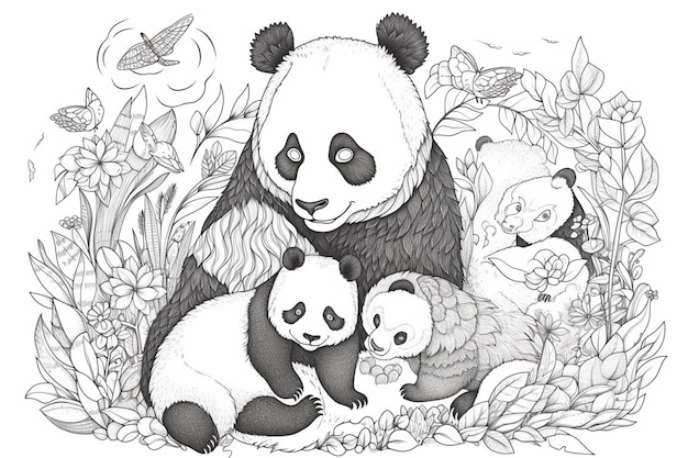 A panda family with a baby and a porcupine.