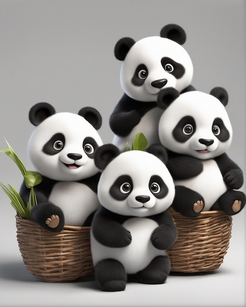 Panda Fantasia Hyperreal Shine 흰색 배경에 바구니에 앉아