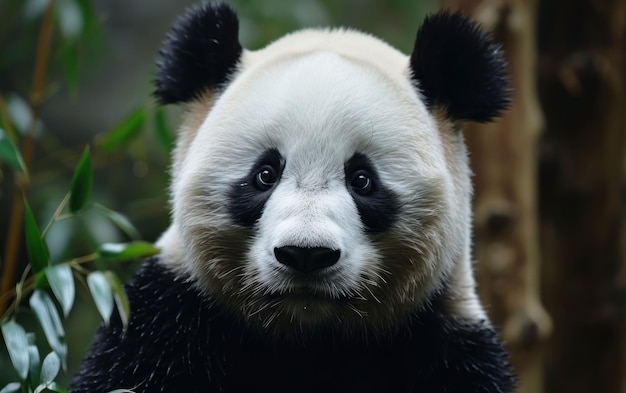 パンダは丸い顔と特徴的な黒い痕跡を誇示している