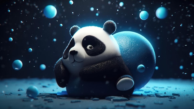A panda floating in the rain with blue lights