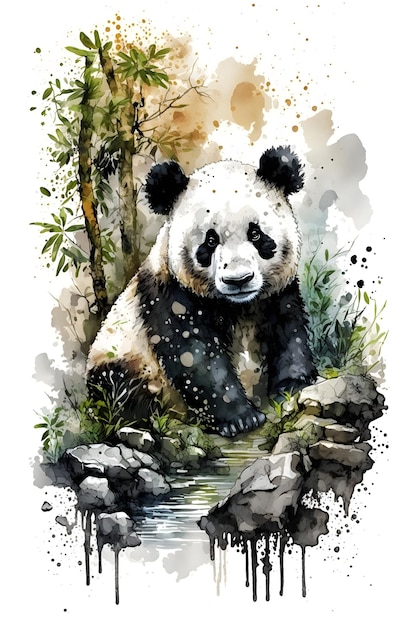 panda in forest. watercolor style