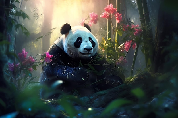 A panda in a forest with flowers