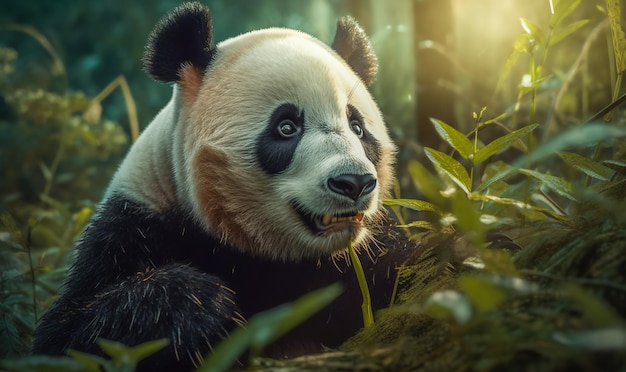 A panda in a forest with green plants