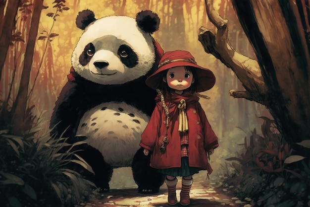 A panda and a girl standing in a forest