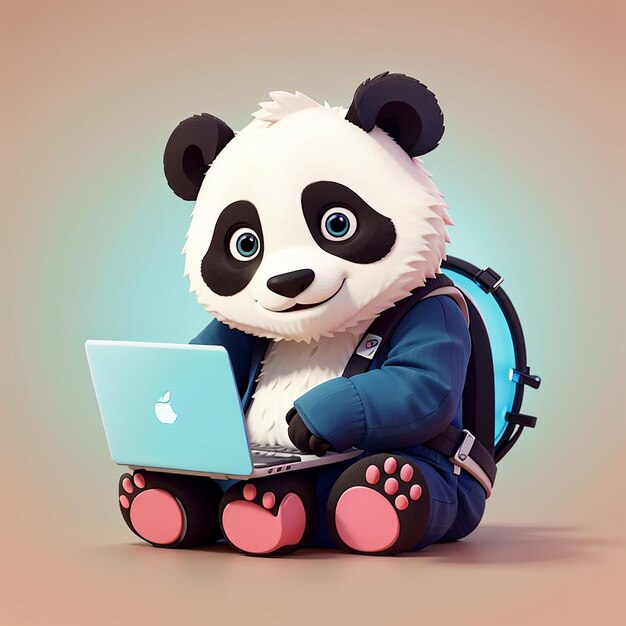 panda hacker operating laptop cartoon vector icon illustration