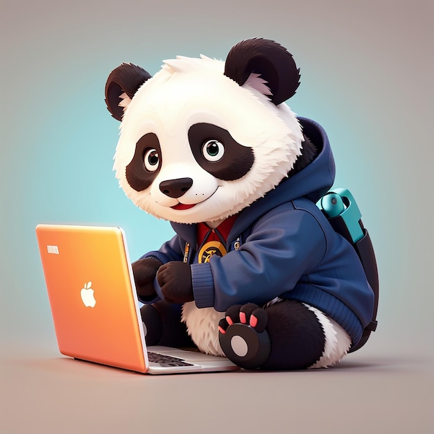 panda hacker operating laptop cartoon vector icon illustration