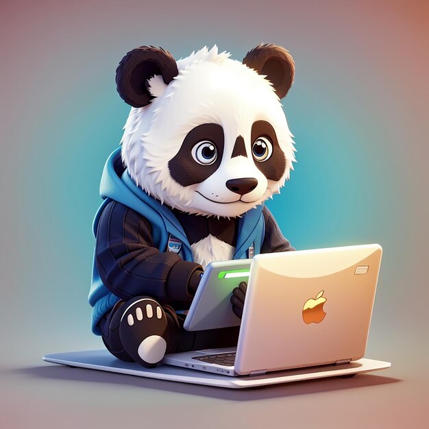 panda hacker operating laptop cartoon vector icon illustration