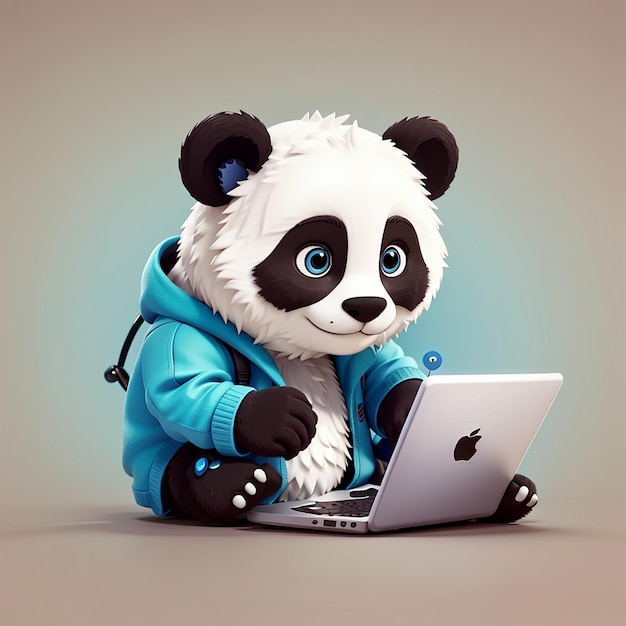 panda hacker operating laptop cartoon vector icon illustration