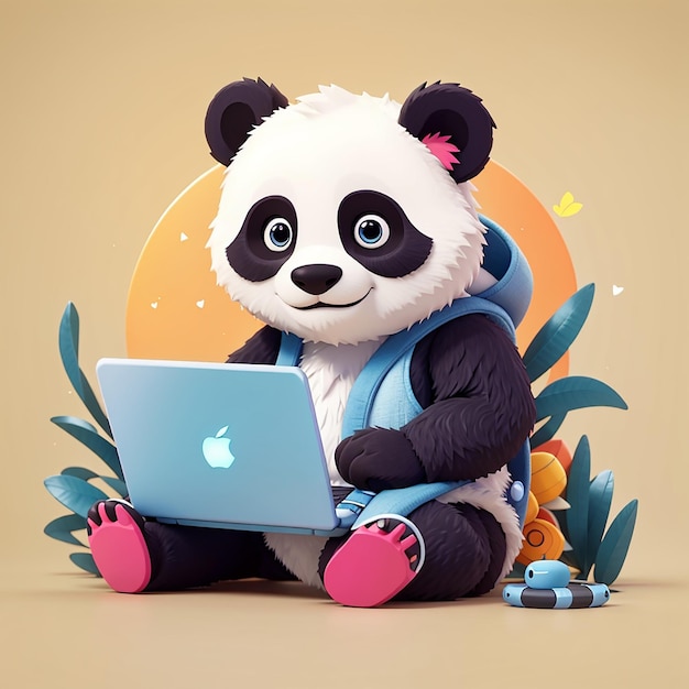 panda hacker opererende laptop cartoon vector icoon illustratie