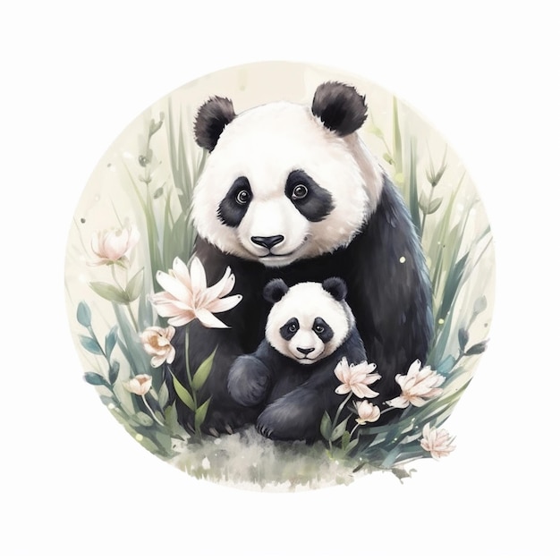 Панда и ее детеныш сидят в траве.