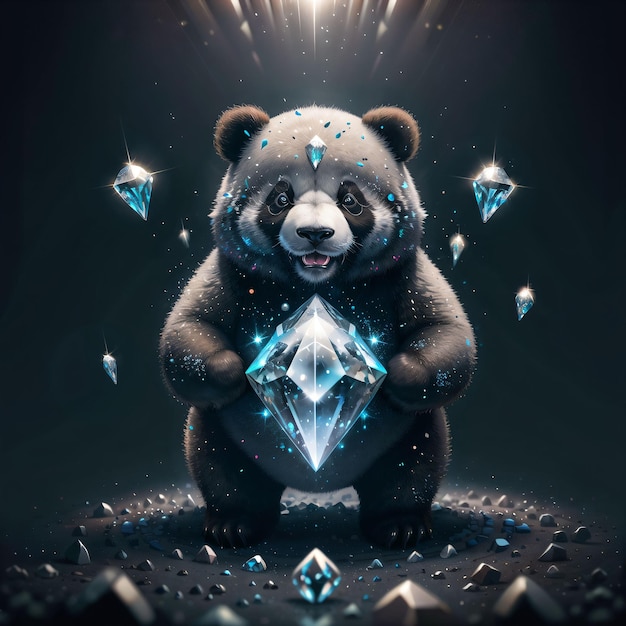 A panda holding a diamond that is on a black background.