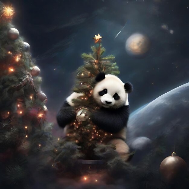 A panda hugging a Christmas tree in space AI