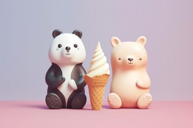 A panda and a ice cream cone are sitting next to a bear.