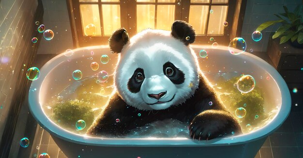 Фото Панда в ванне с мыльными пузырьками