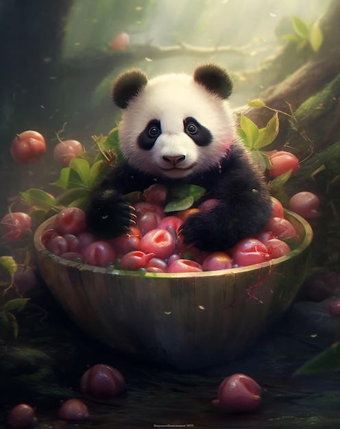 Panda in een kom kersen