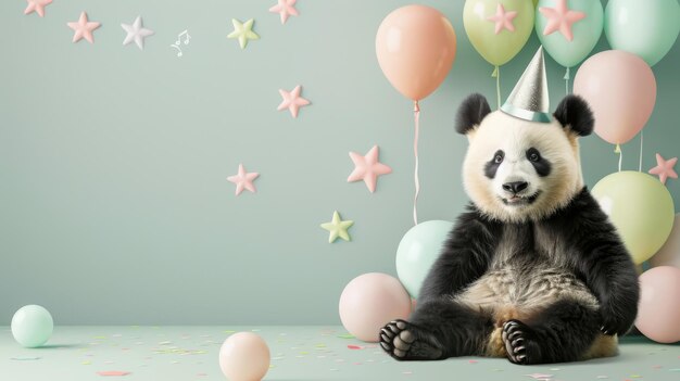 Foto panda in feesthoed met ballonnen