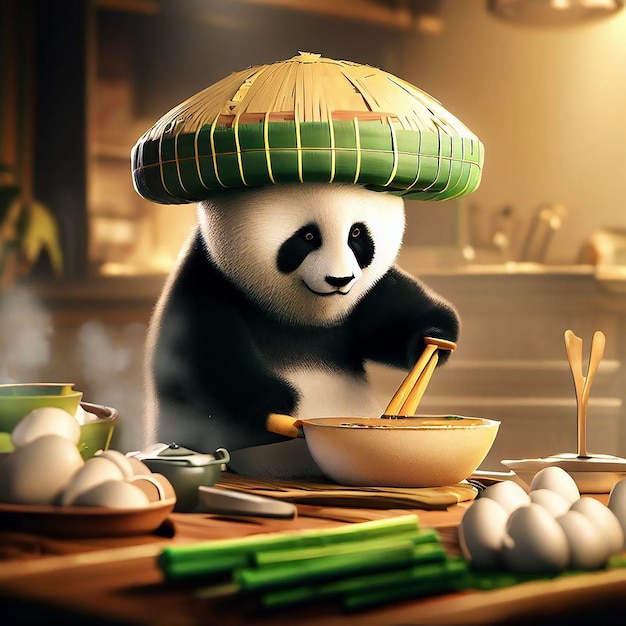 A panda is cooking in a kitchen with a green umbrella.