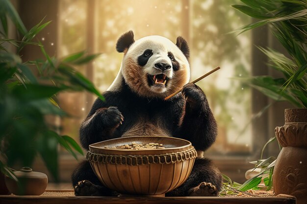 a panda is eating a bowl of cereal and a bowl of cereal