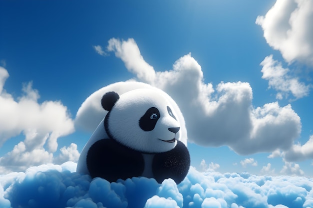 A panda is floating in the clouds.