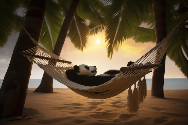 A panda is laying in a hammock on a beach.