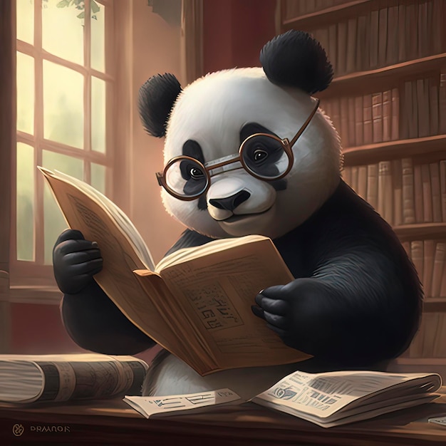 A panda is reading a book by the window.