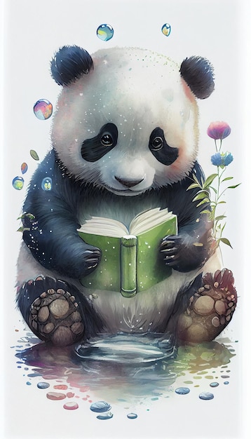 A panda is reading a book with bubbles on it.