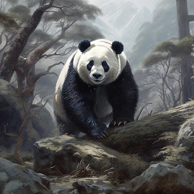 панда сидит на камне в лесу.