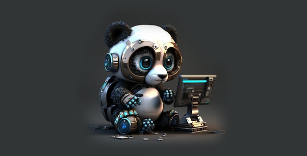 A panda is sitting on a table with a computer in front of it.