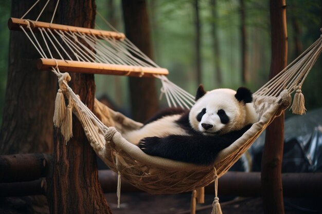 a panda is sleeping in a hammock with a panda on it