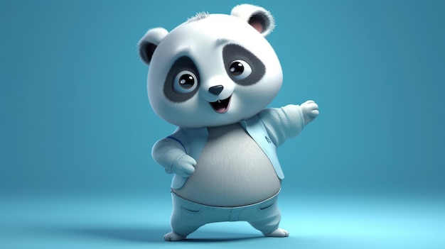 A panda is standing in front of a blue background.