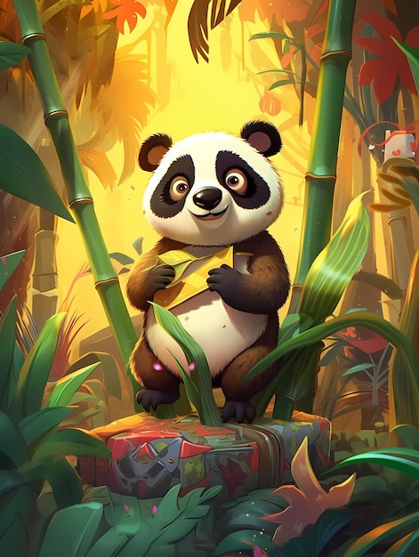 A panda is standing in a jungle with bamboo.