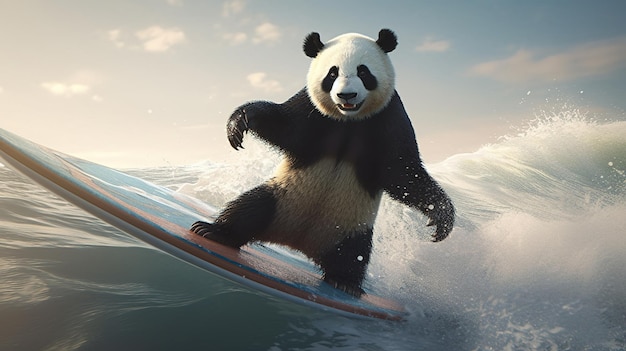 A panda is surfing on a surfboard in the ocean.