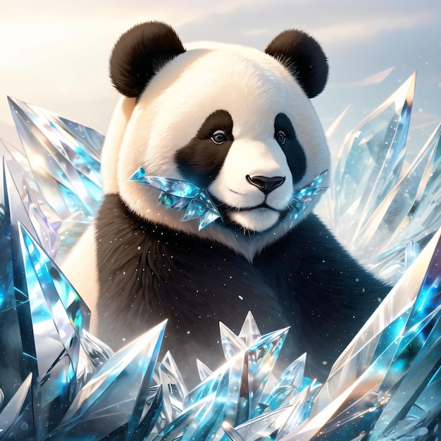 Панда окружена кучей кристаллов.
