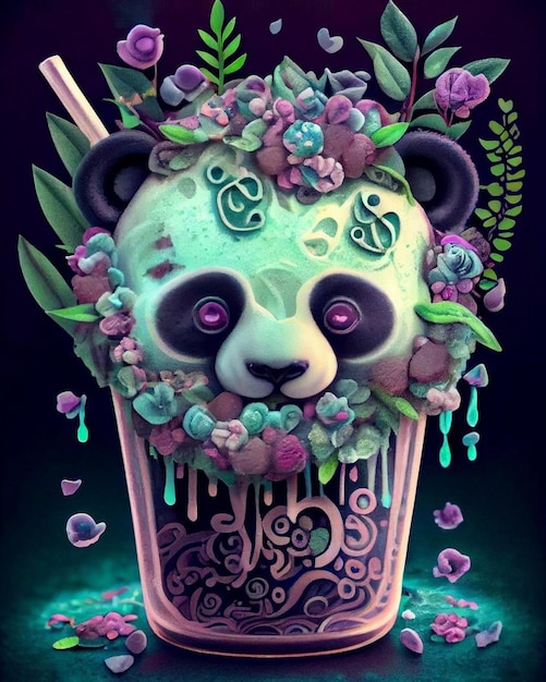 A panda is surrounded by flowers and leaves