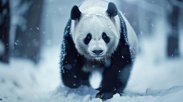 a panda is walking in the snow in the winter