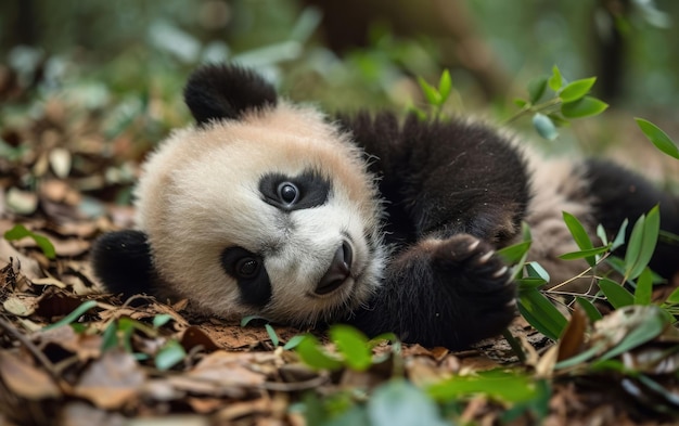 Panda jongen rolt speels op de bosvloer.