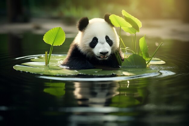 Foto panda jongen speelt met een bamboe blad windmolen