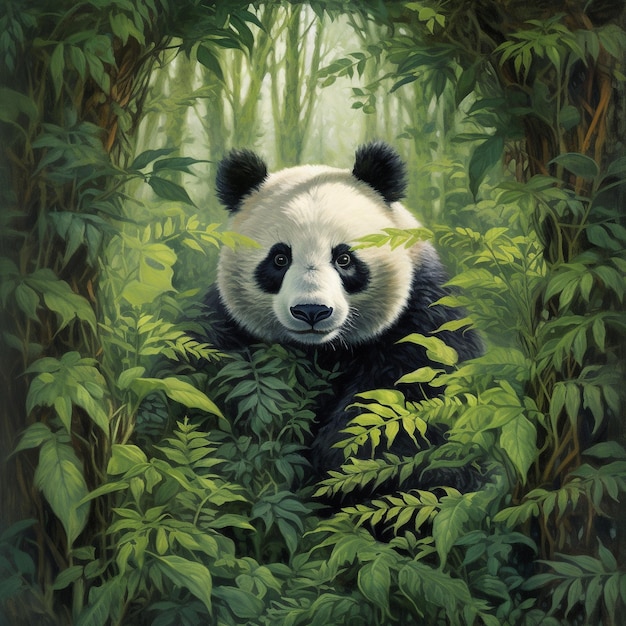 панда в джунглях на фоне бамбука.