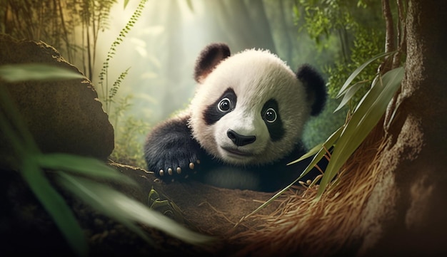 A panda in the jungle with a green background
