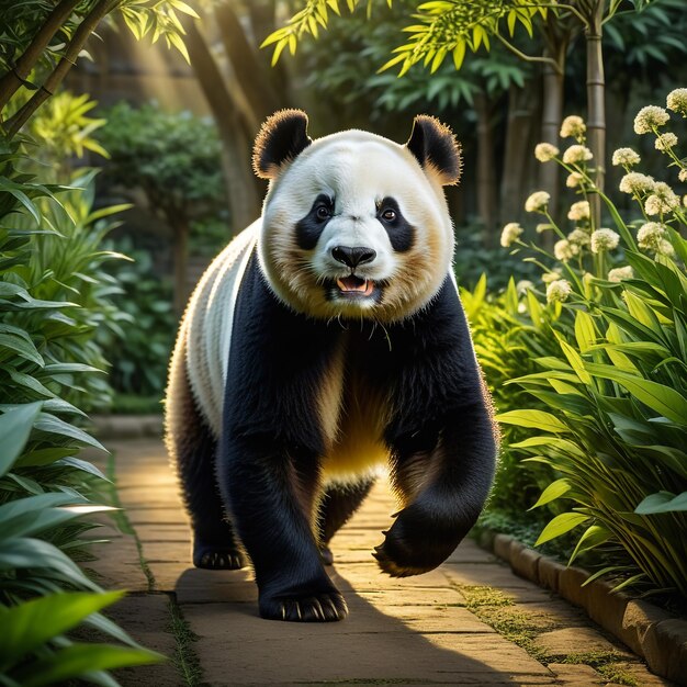Panda loopt op de achtergrond spoor woestijn natuur dieren in het wild en sneeuw