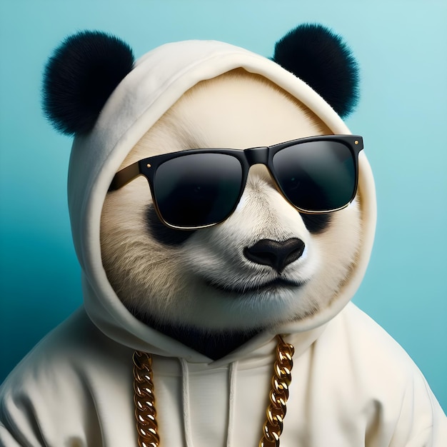 Foto panda met hoodie, zonnebril en gouden ketting.