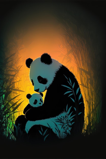 Panda moeder en baby in het bos bij nacht digitale kunst illustratie